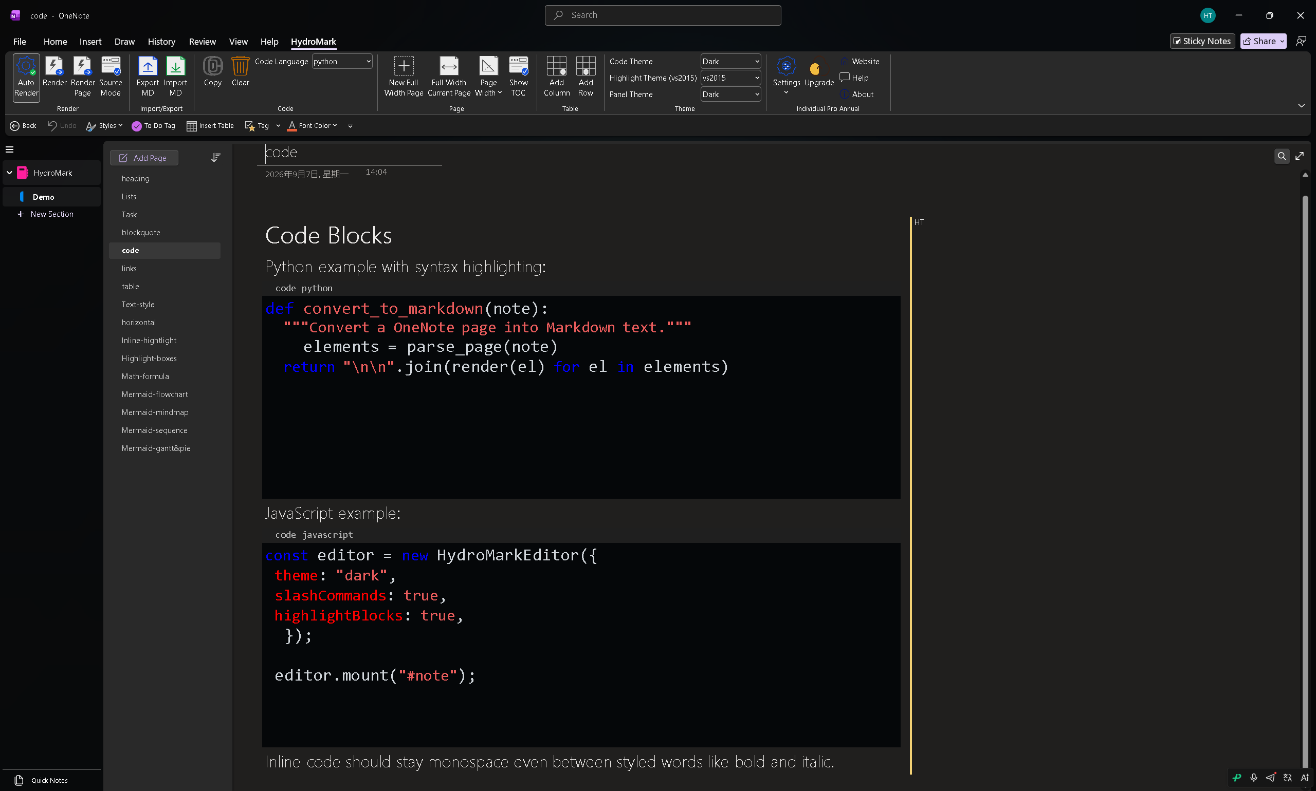 Code blocks in OneNote