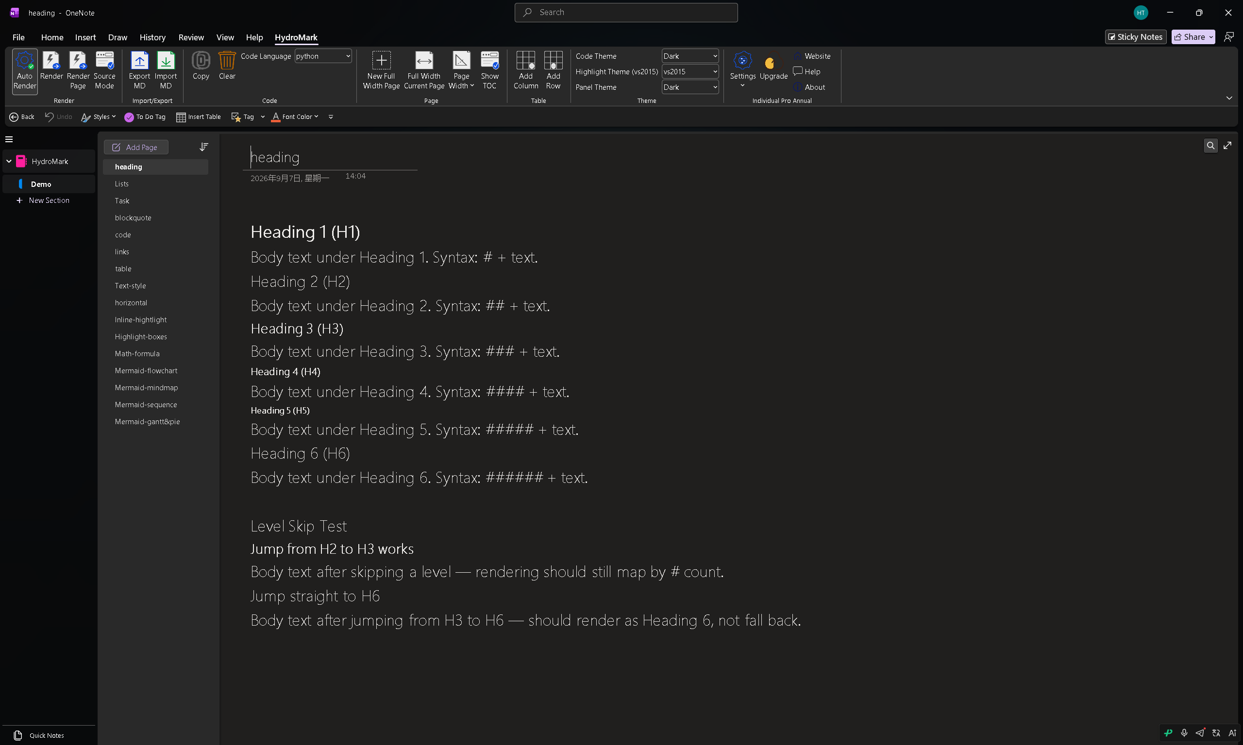 Headings in OneNote