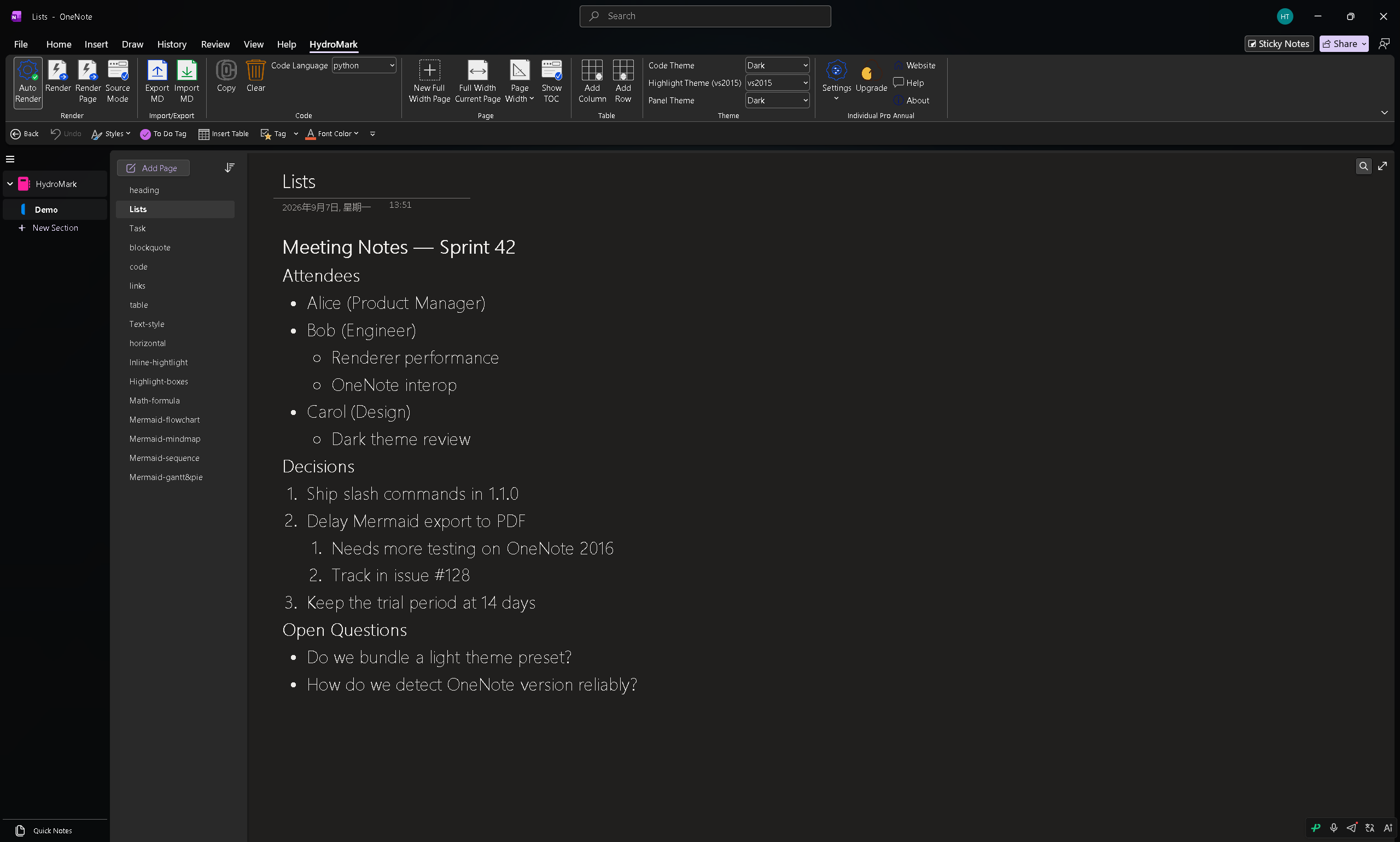 Lists in OneNote